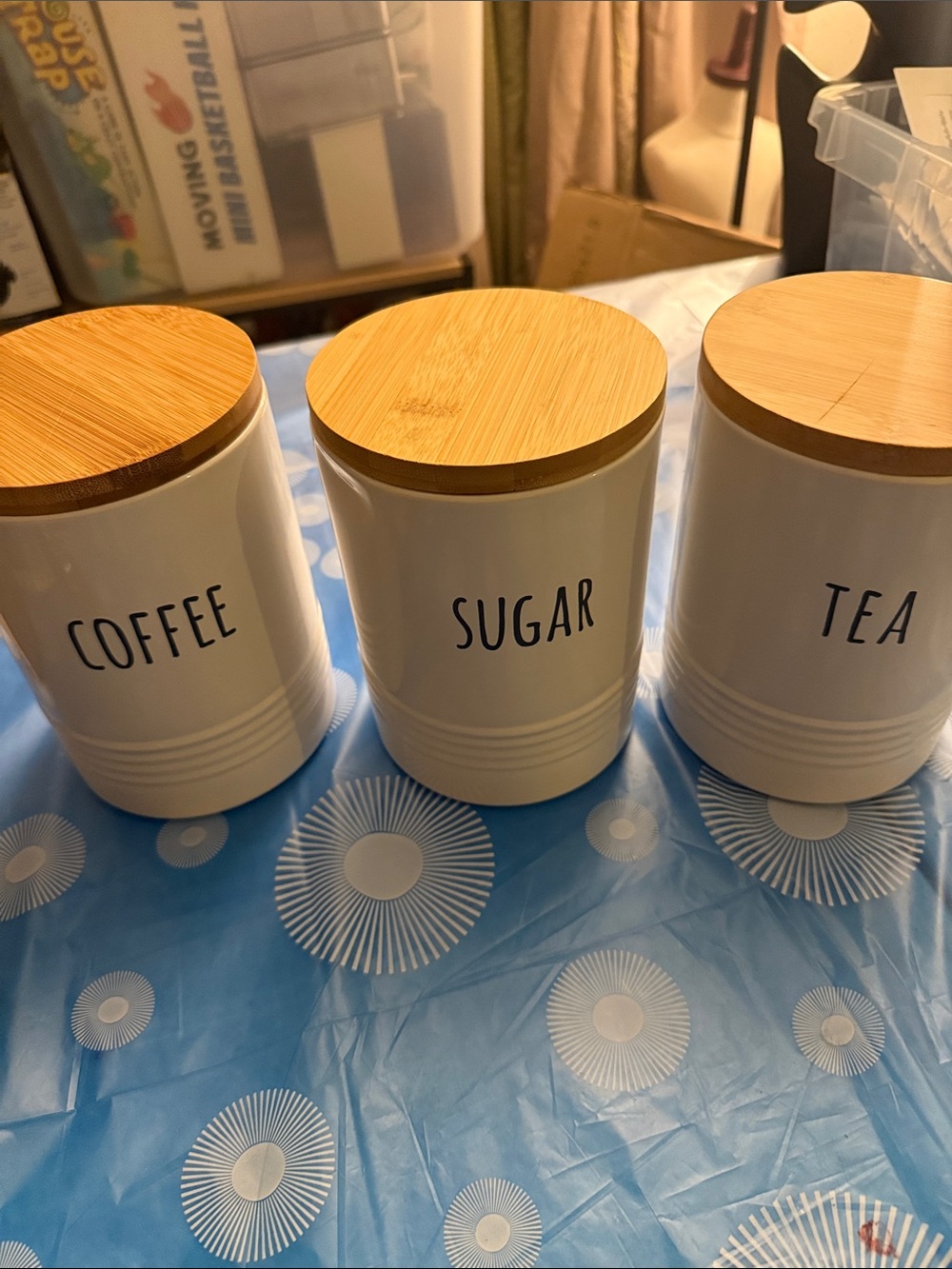 White Ceramic Canister Set with Bamboo Lids - Coffee Sugar Tea 

sugar is dented